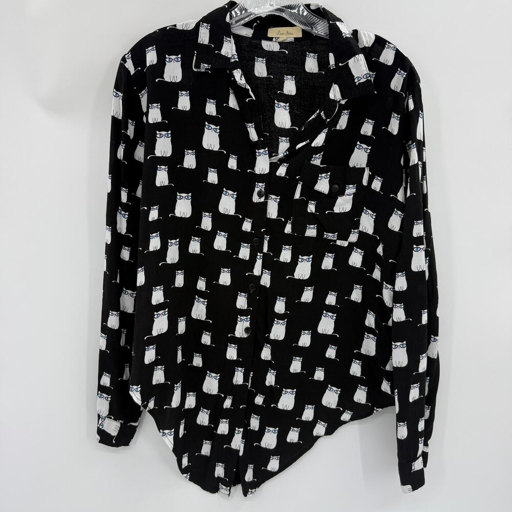 LOVE NOTES Womens Cat Print Button Up Shirt Size L Long Sleeve Artsy Tie Front